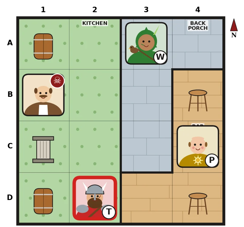 A solved example map with every suspect placed and the murderer outlined in red.